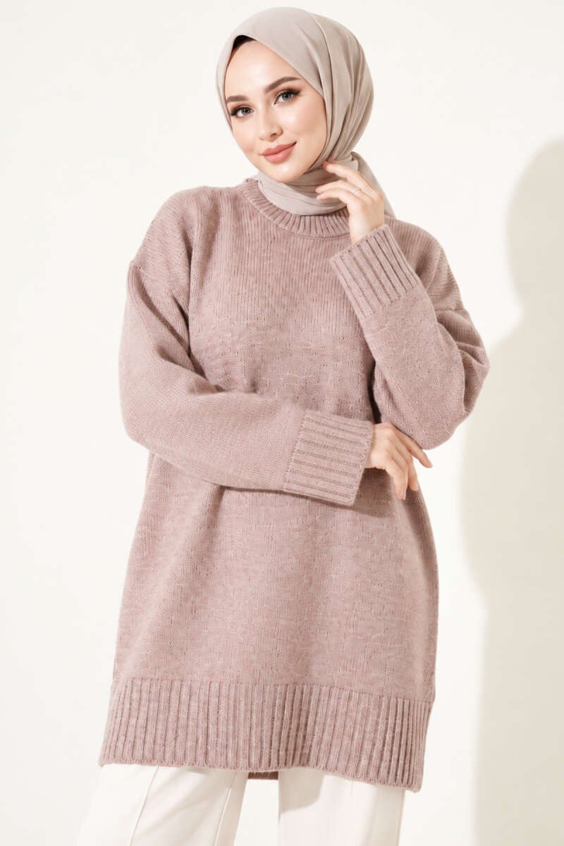 Oversize Ribanalı Triko Tunik Pudra