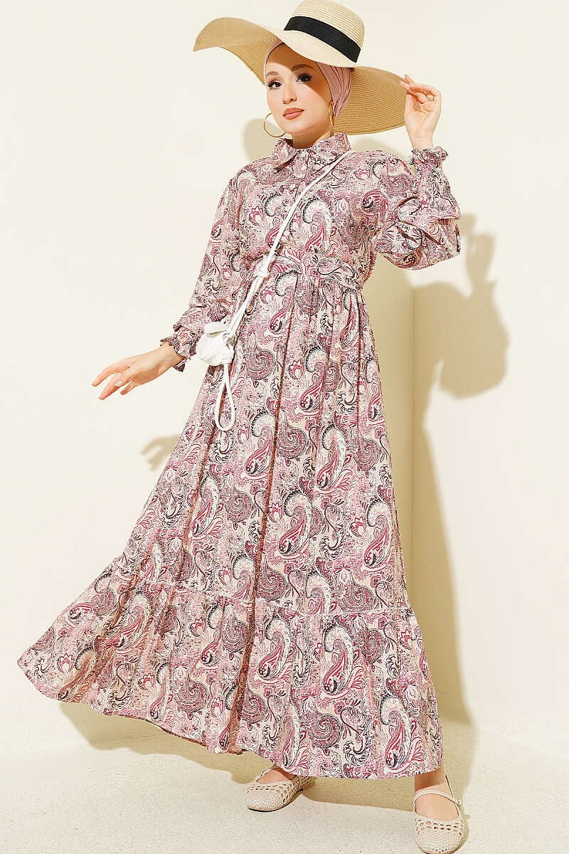 Paisley Desen Bilek Gipeli Elbise Bej