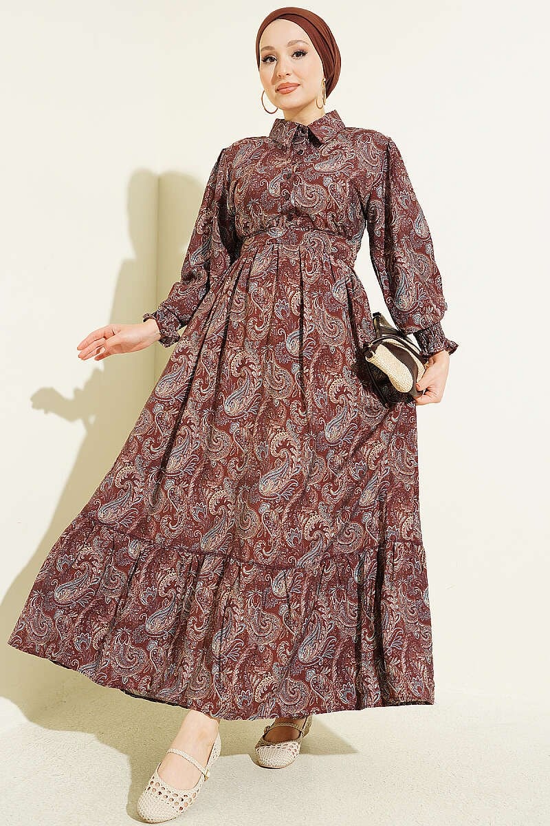 Paisley Desen Bilek Gipeli Elbise Kahve