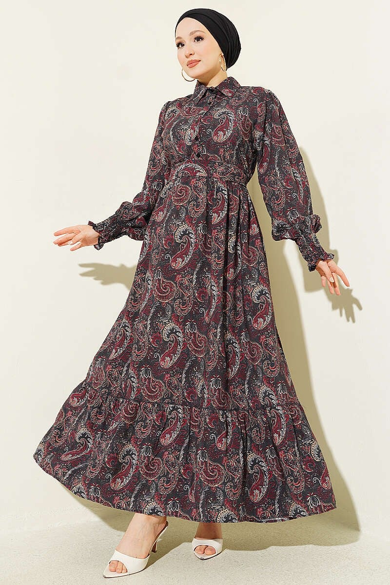 Paisley Desen Bilek Gipeli Elbise Siyah