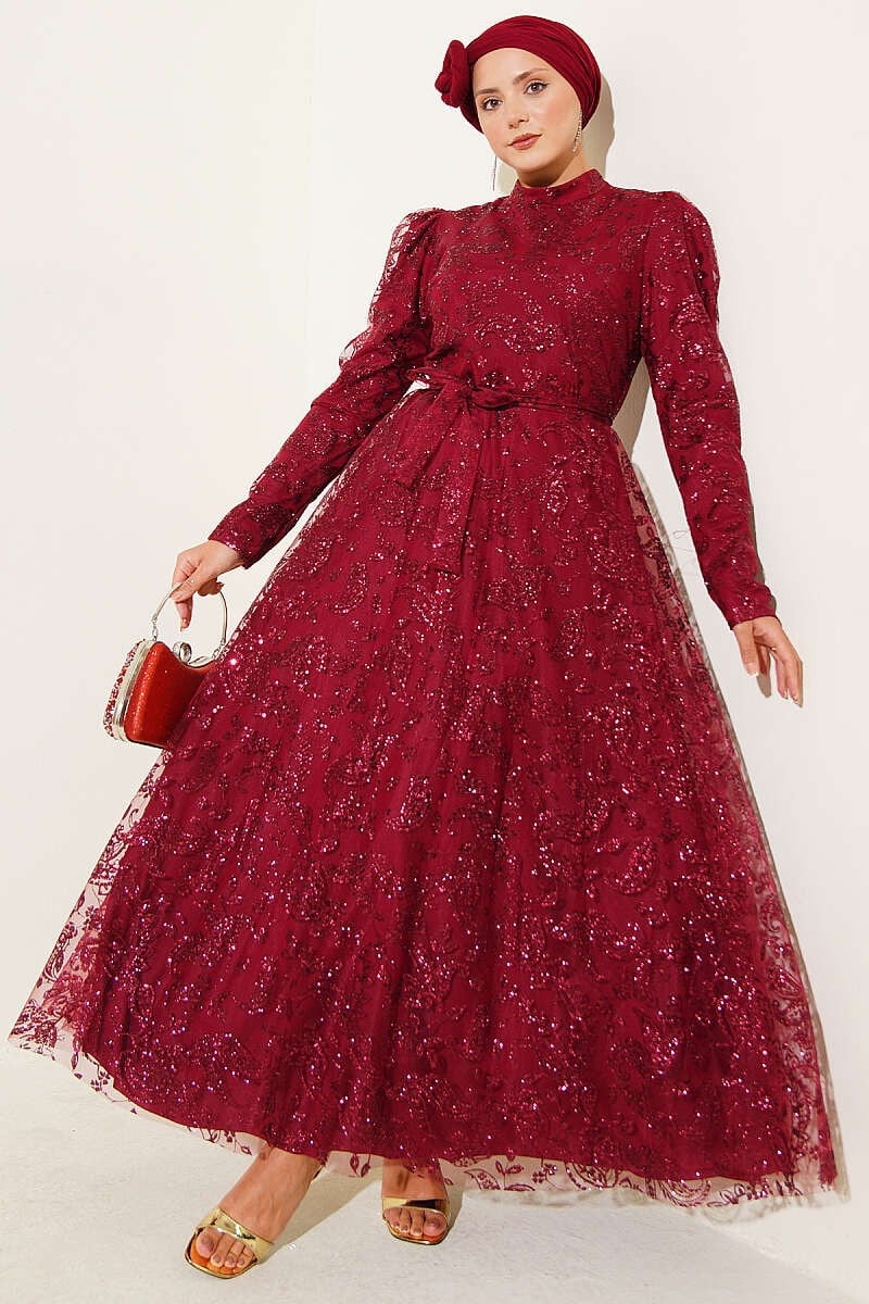 Paisley Simli Pullu Abiye Elbise Bordo