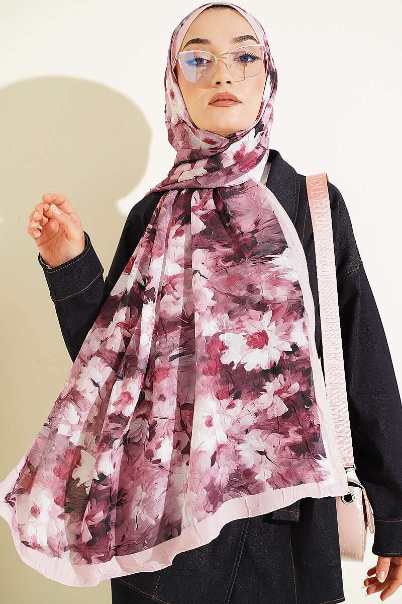 Papatya Desenli Bambu Kraş Şal Pembe