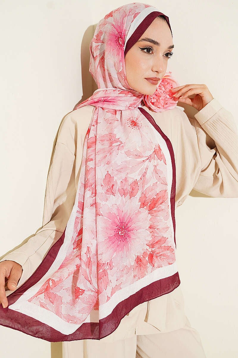 Pastel Çiçekli Bambu Kraş Şal Bordo