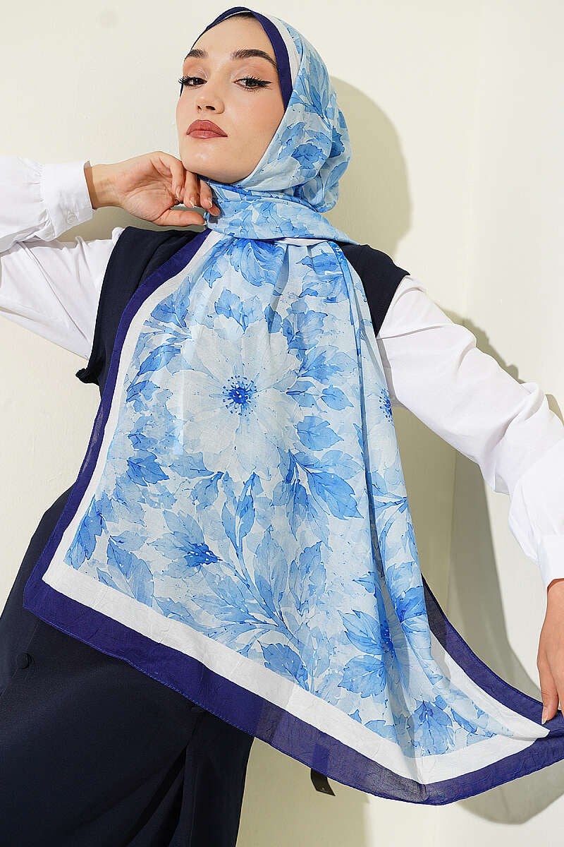 Pastel Çiçekli Bambu Kraş Şal Lacivert