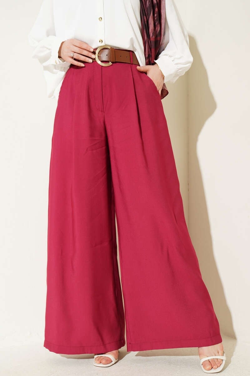 Pileli Kemerli Oversize Pantolon Vişne
