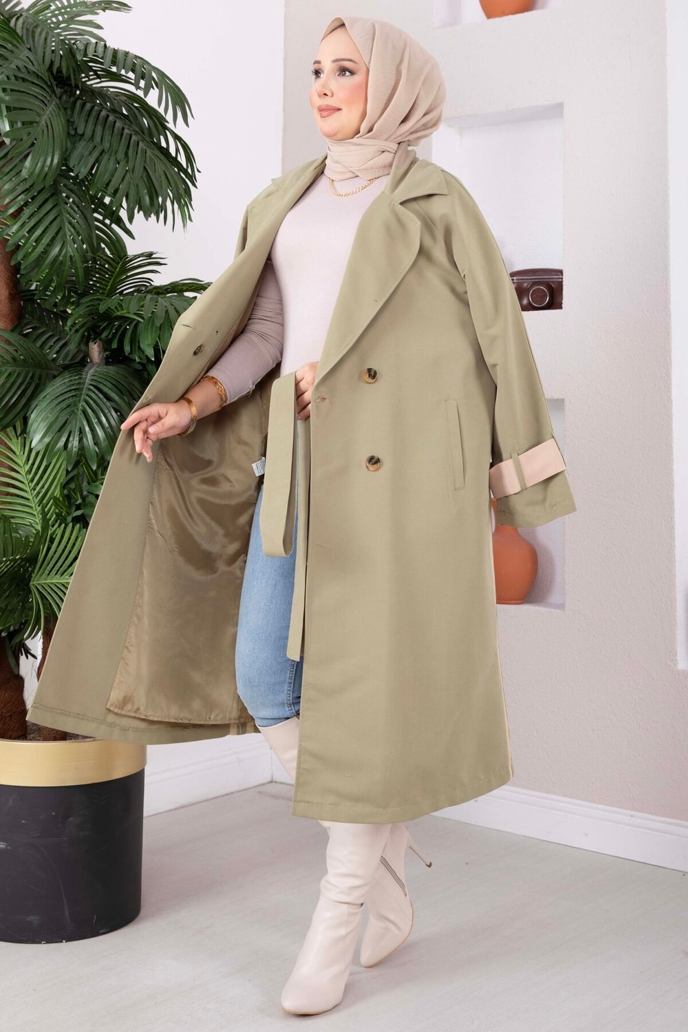 Premium Kruvaze Yaka Uzun Trençkot Yeşil Olive