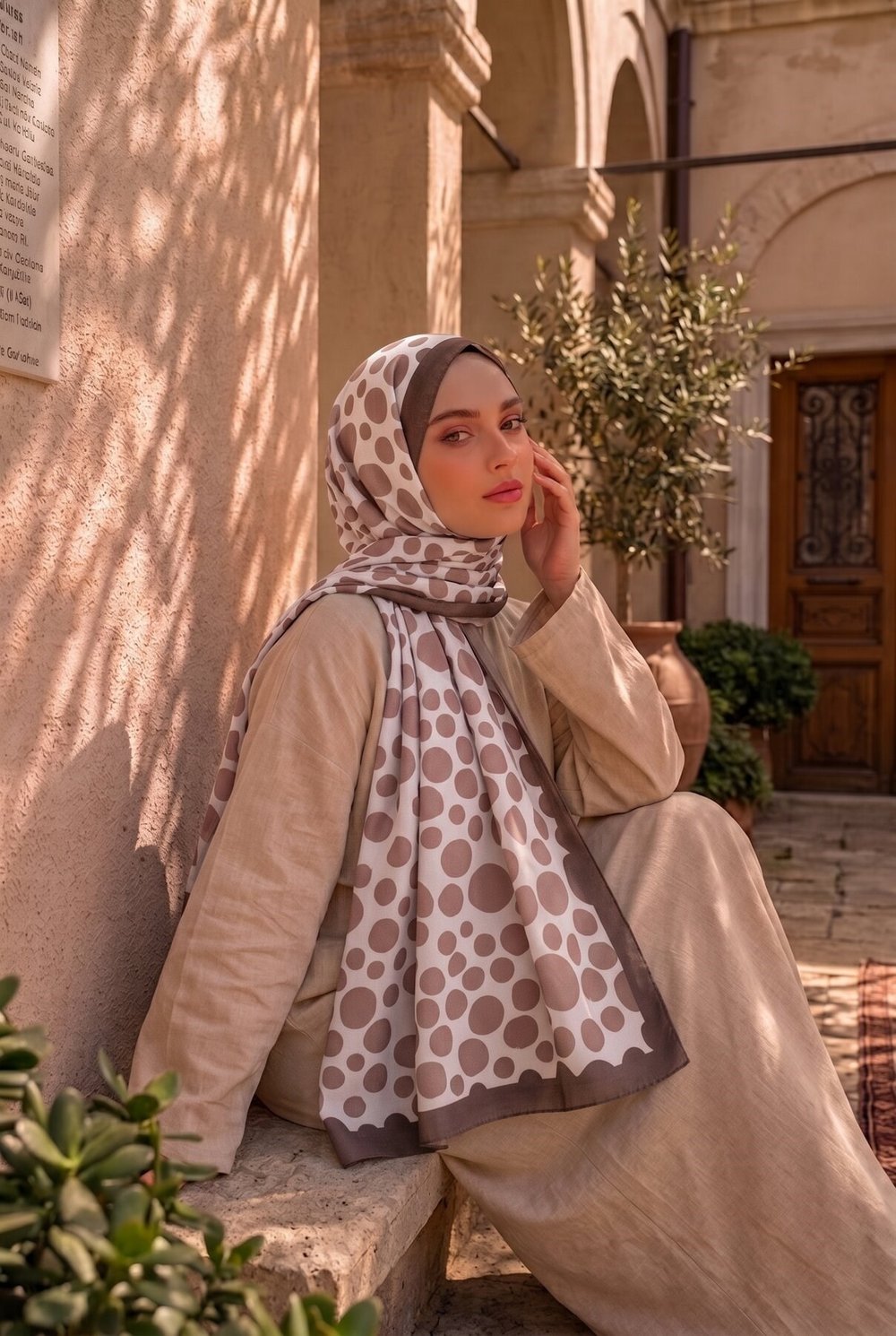 Puantiye Desen Şal Serisi Koyu Pudra