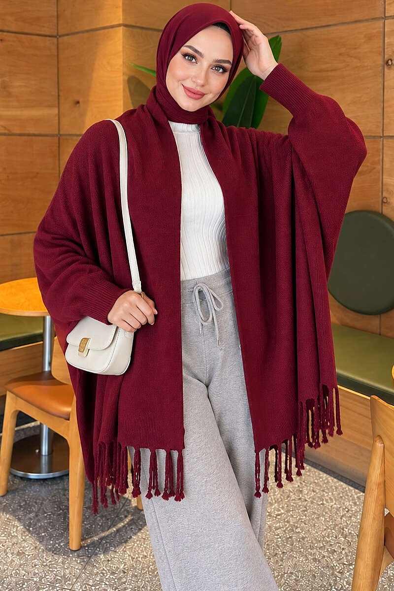 Püsküllü Basic Omuz Şalı Bordo