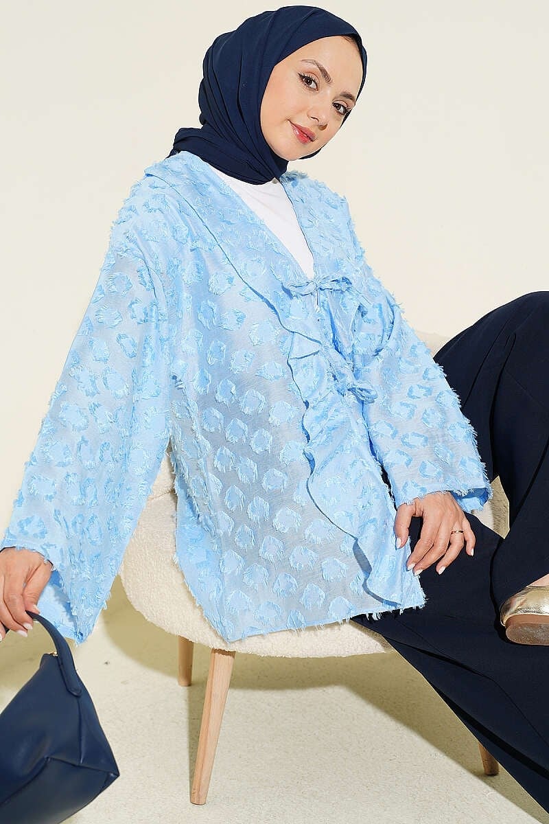 Püsküllü Fırfırlı İp Bağlamalı Kimono Mavi