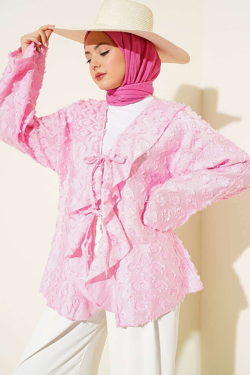 Püsküllü Fırfırlı İp Bağlamalı Kimono Pembe