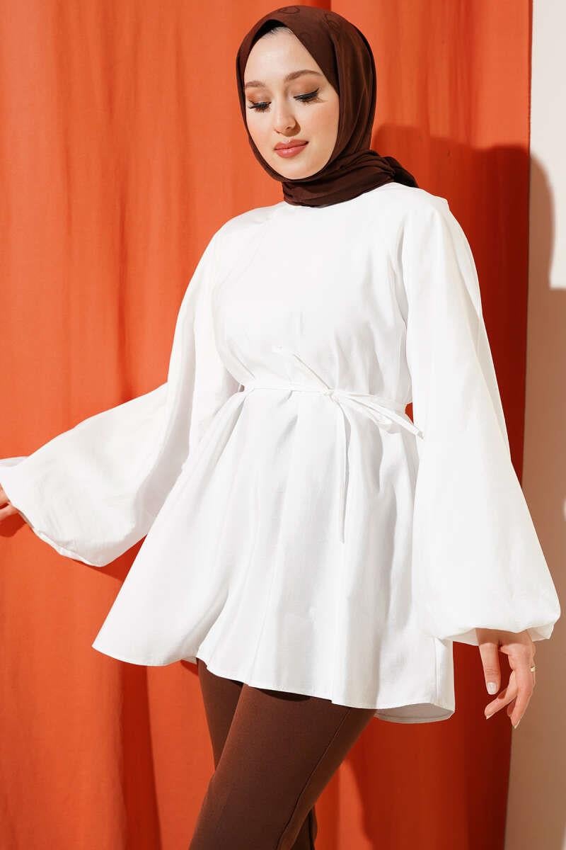 Reglan Balon Kol İp Kuşaklı Tunik Beyaz