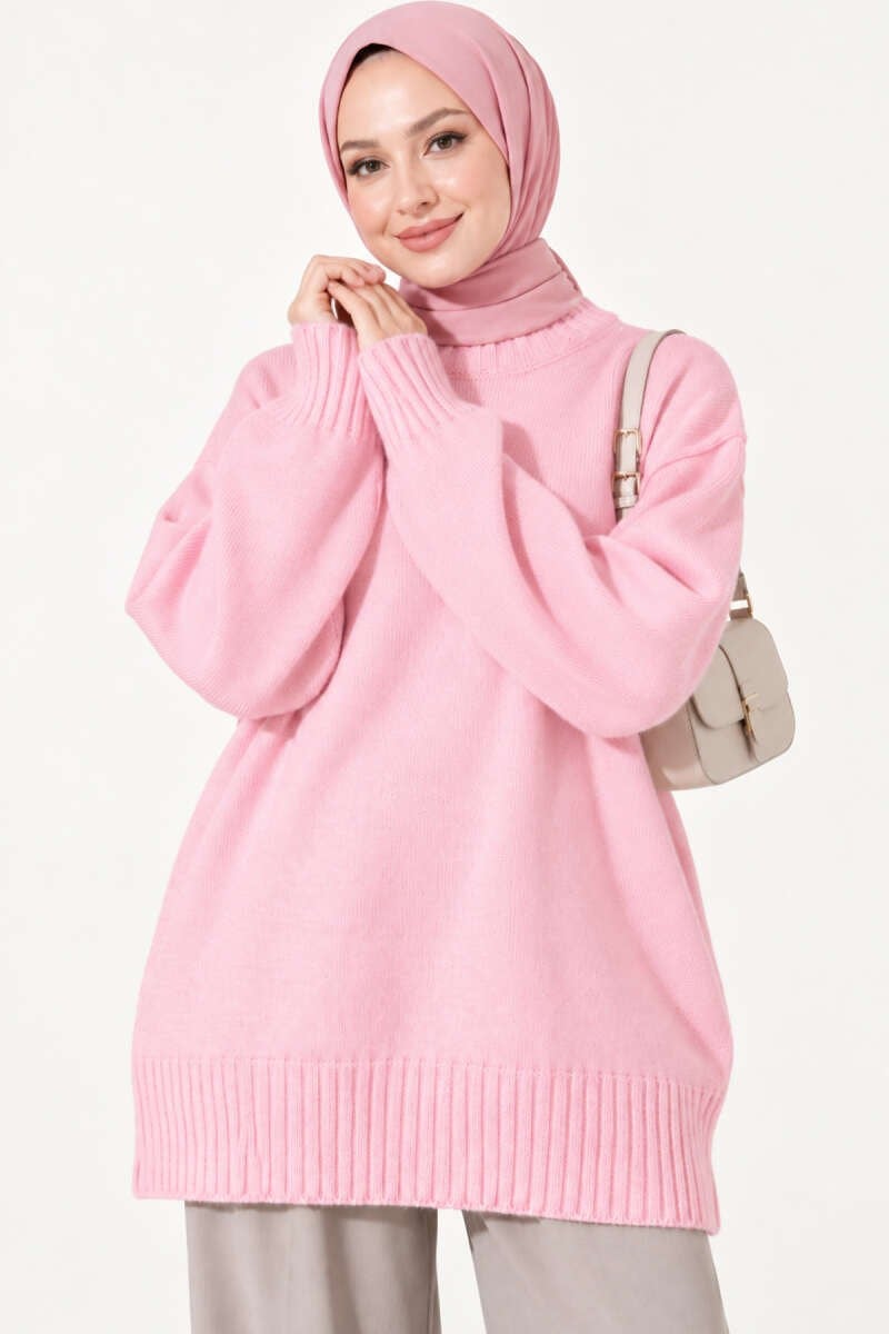 Ribanalı Bisiklet Yaka Triko Tunik Pembe