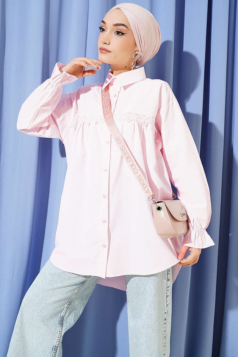 Robası Dantelli Poplin Gömlek Pembe