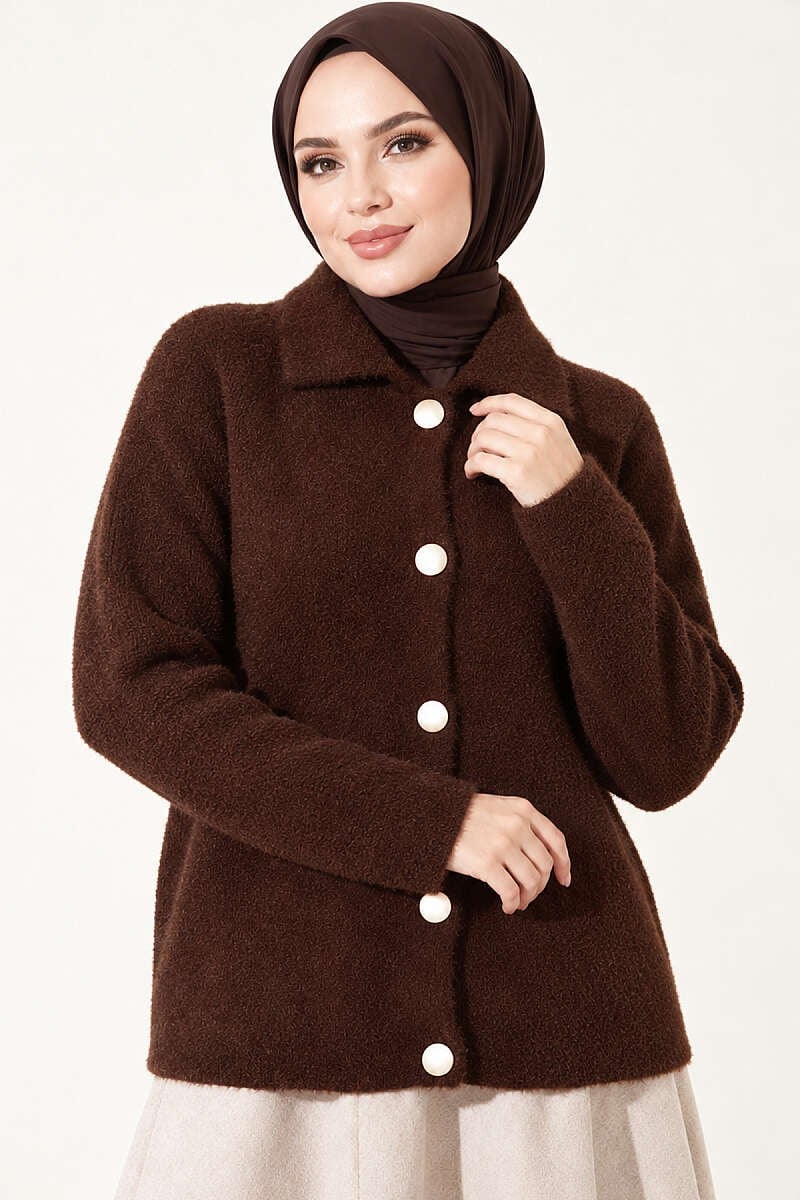 Sakallı Düğmeli Hırka Kahve