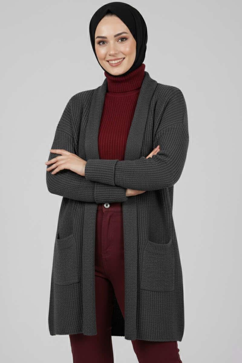 Şal Yaka Pirinç Örgü Triko Hırka Füme