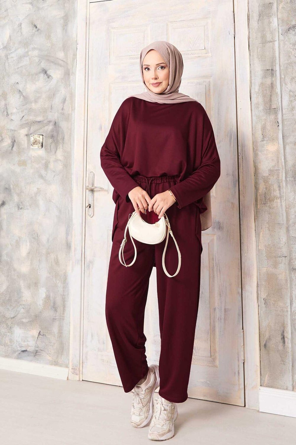 Salaş Kesim Şalvar Pantolonlu Takım Bordo