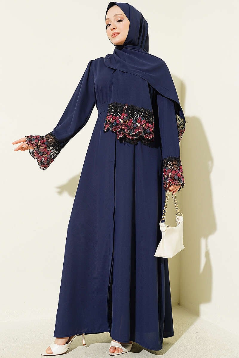 Şallı Çiçek Süslemeli Abaya Elbise Lacivert
