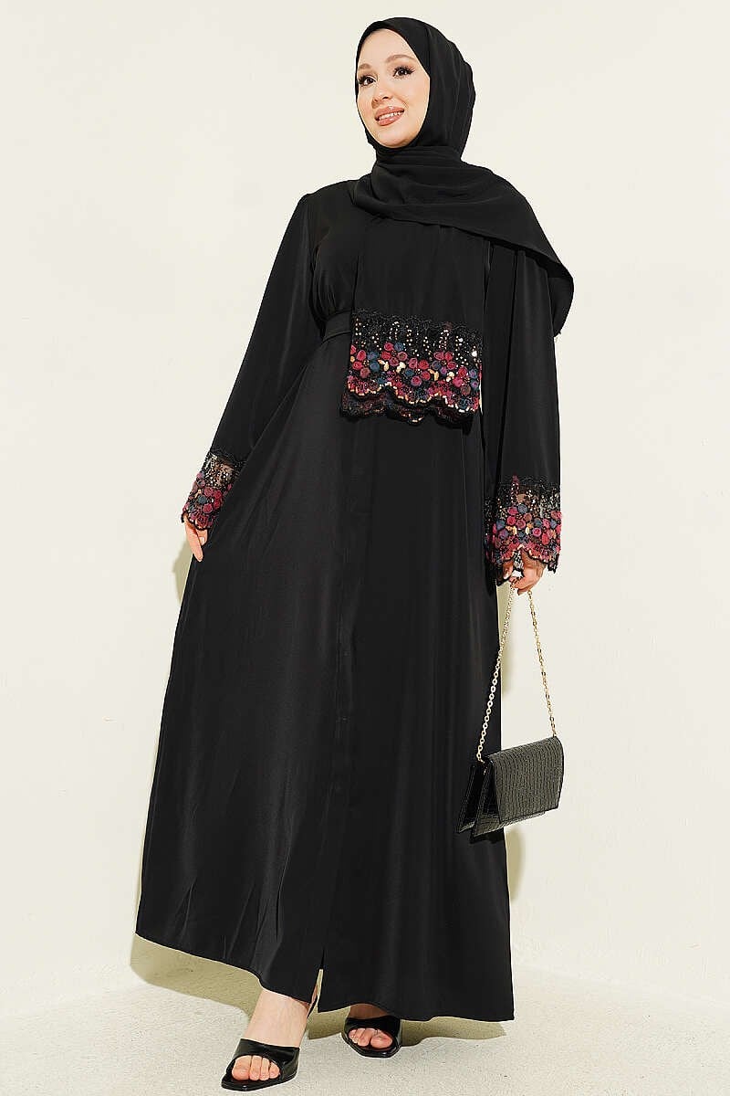 Şallı Çiçek Süslemeli Abaya Elbise Siyah
