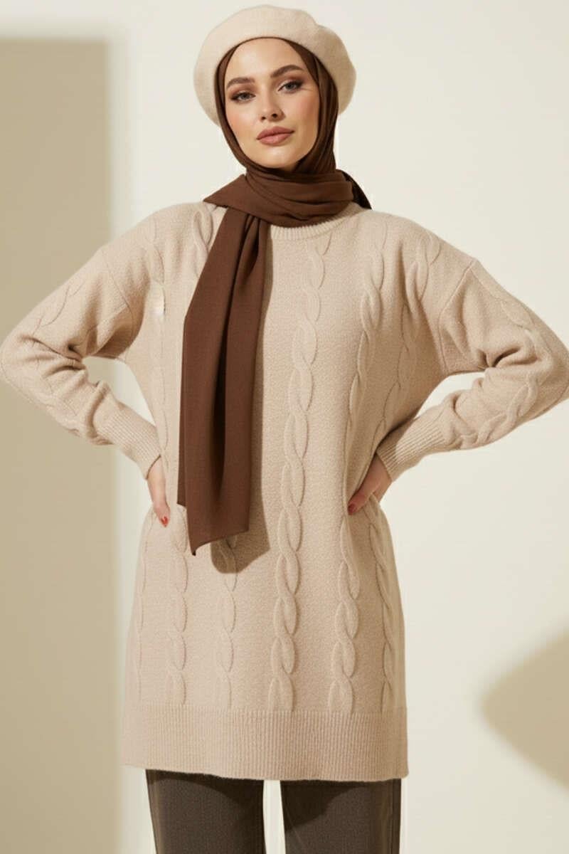 Sarmal Kabartmalı Yumoş Triko Tunik Latte