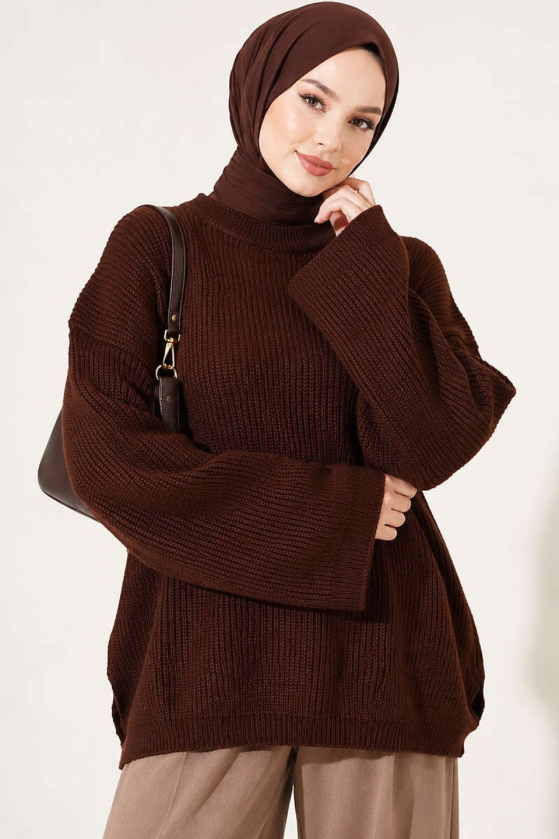 Selanik Örgü Oversize Triko Tunik Kahve
