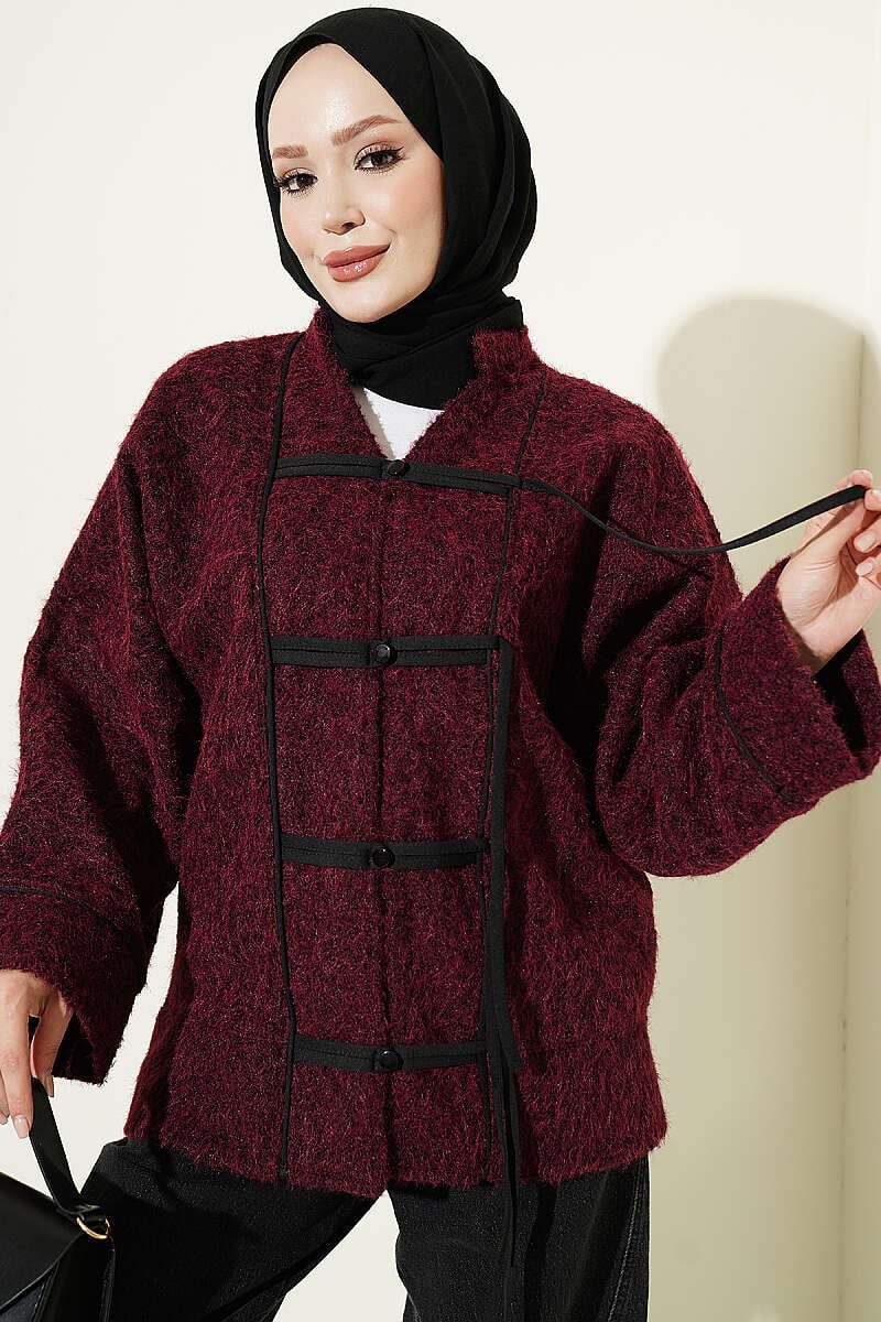 Şeritli Bağcık Detaylı Keçe Ceket Bordo