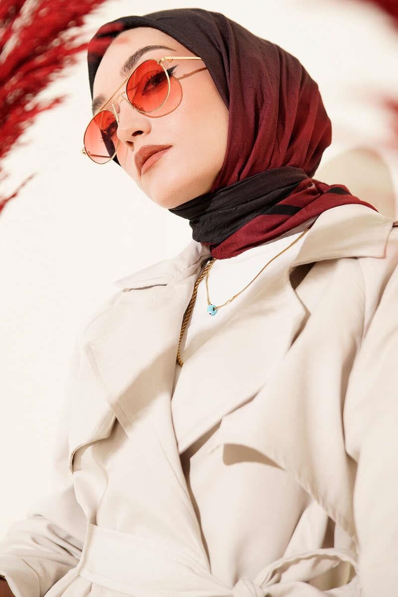 Şeritli Bambu Kraş Eşarp Bordo