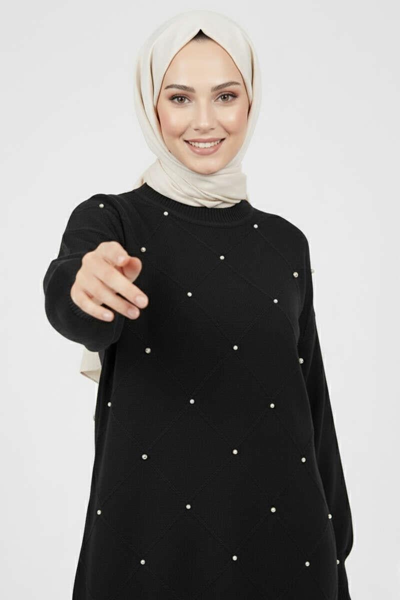 Serpme Taşlı Triko Tunik Siyah