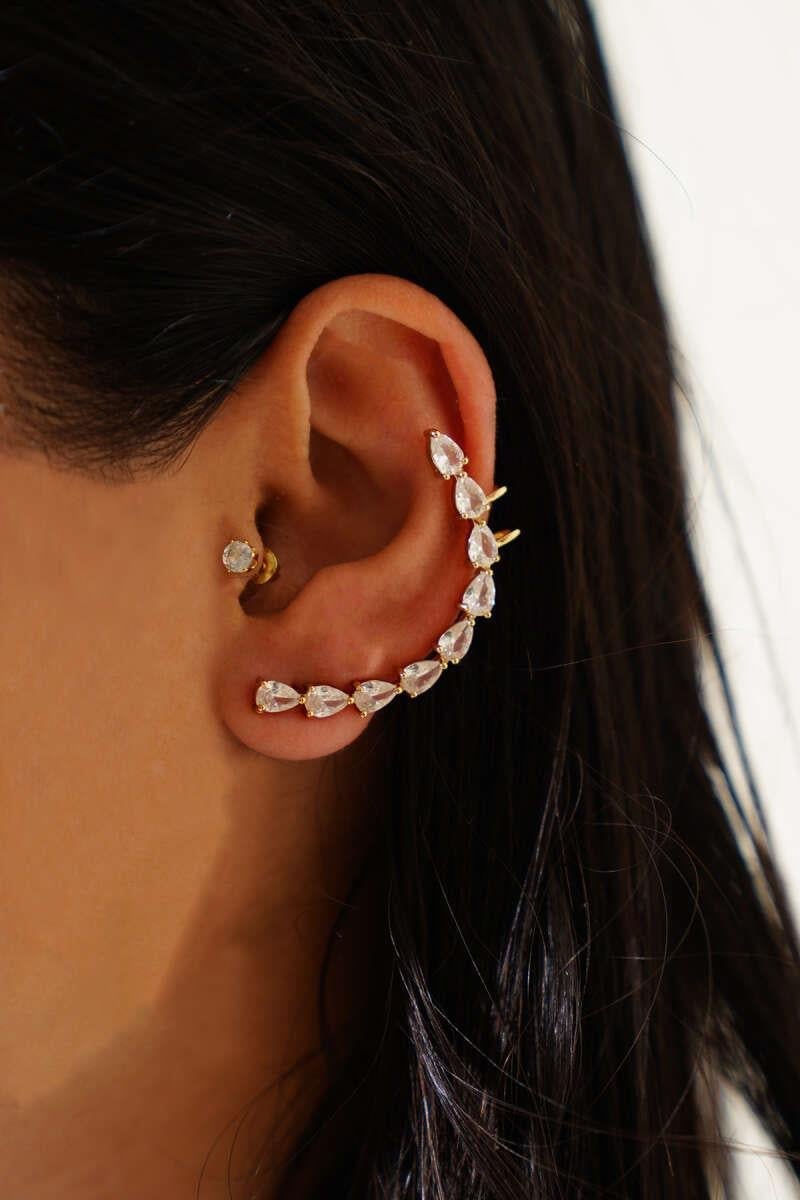 Sıra Damla Taşlı Tragus Küpe Gold