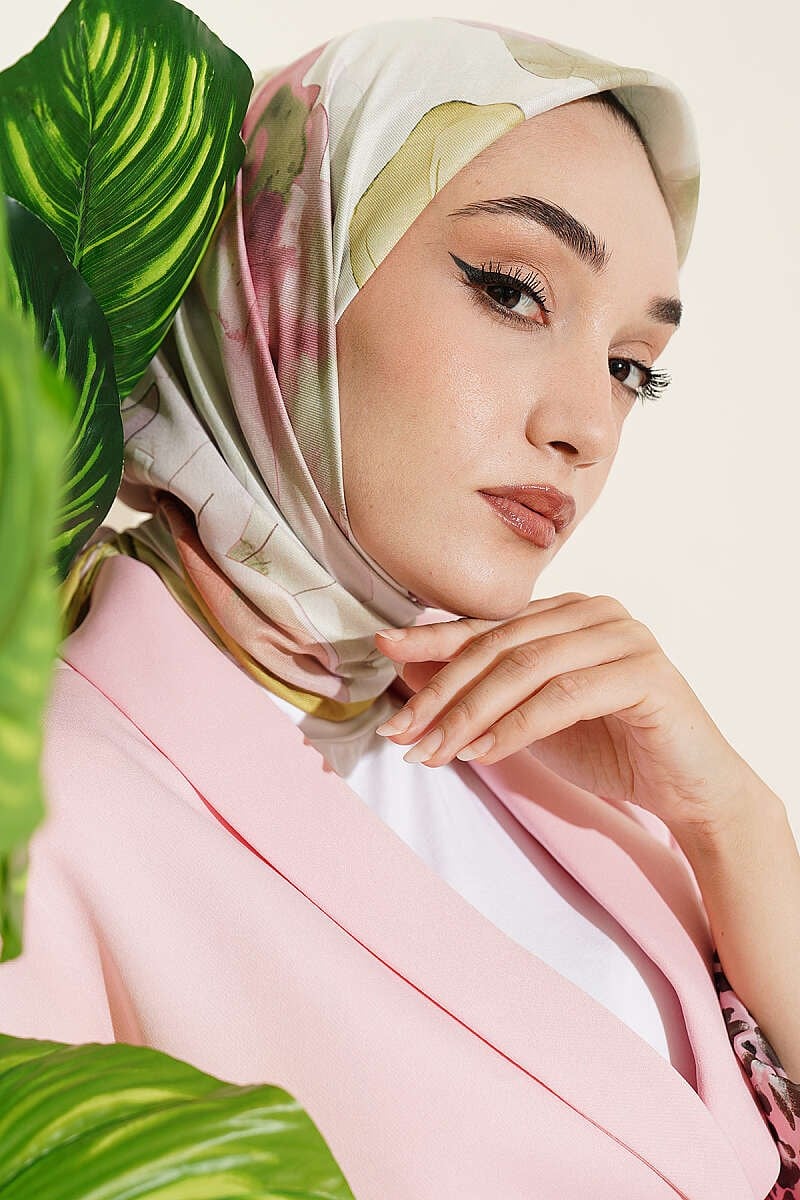 Soft Çiçek Desenli Eşarp Yağ Yeşili