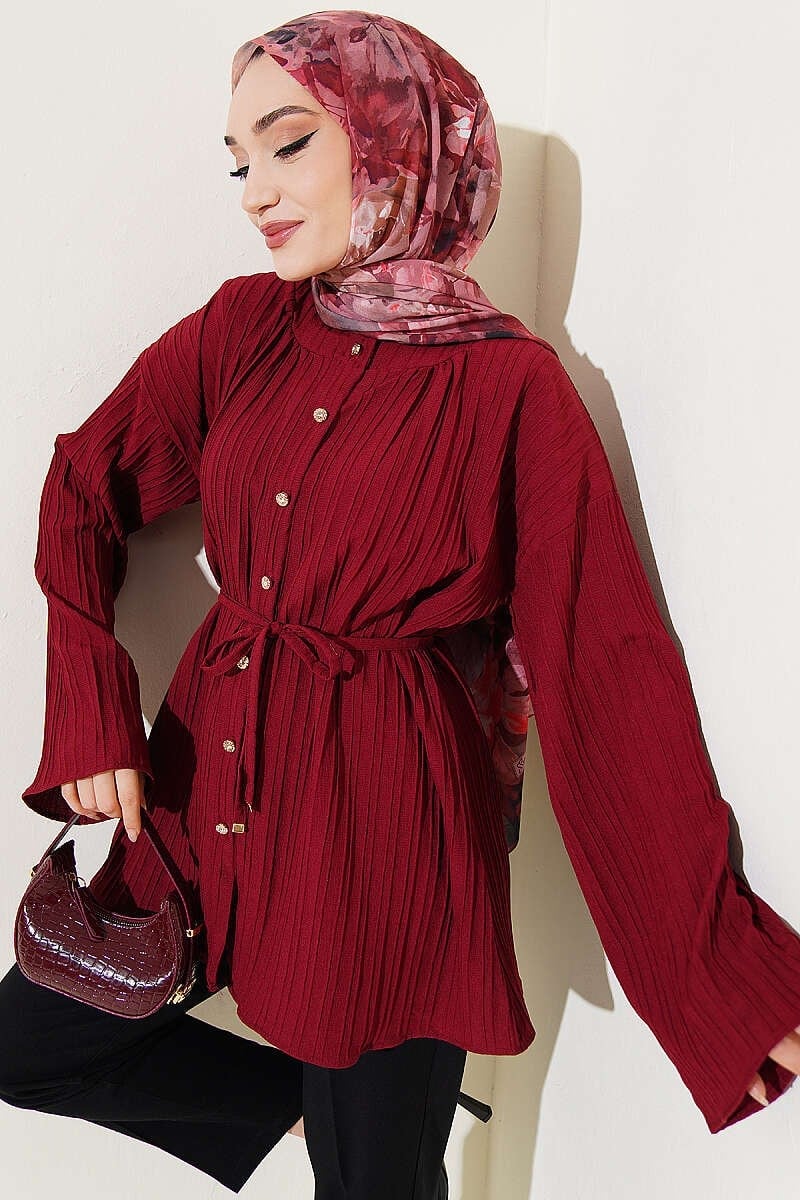 Taş Düğmeli Çizgi Kabartmalı Gömlek Bordo