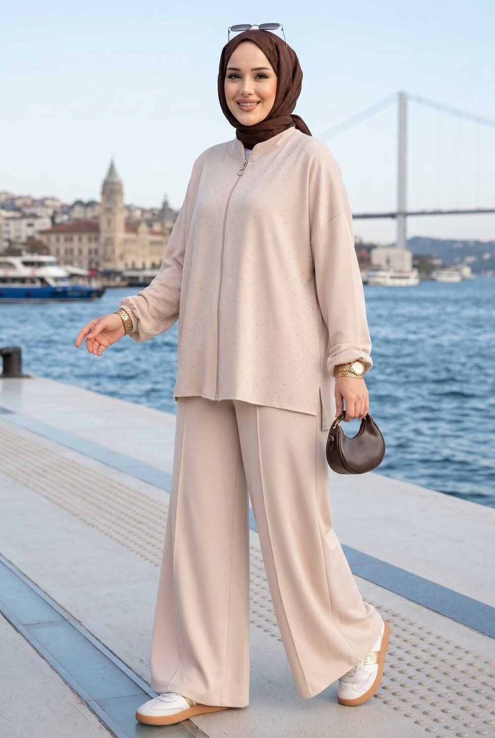 Taşlı Fermuarlı Tunik Pantolon İkili Takım Bej