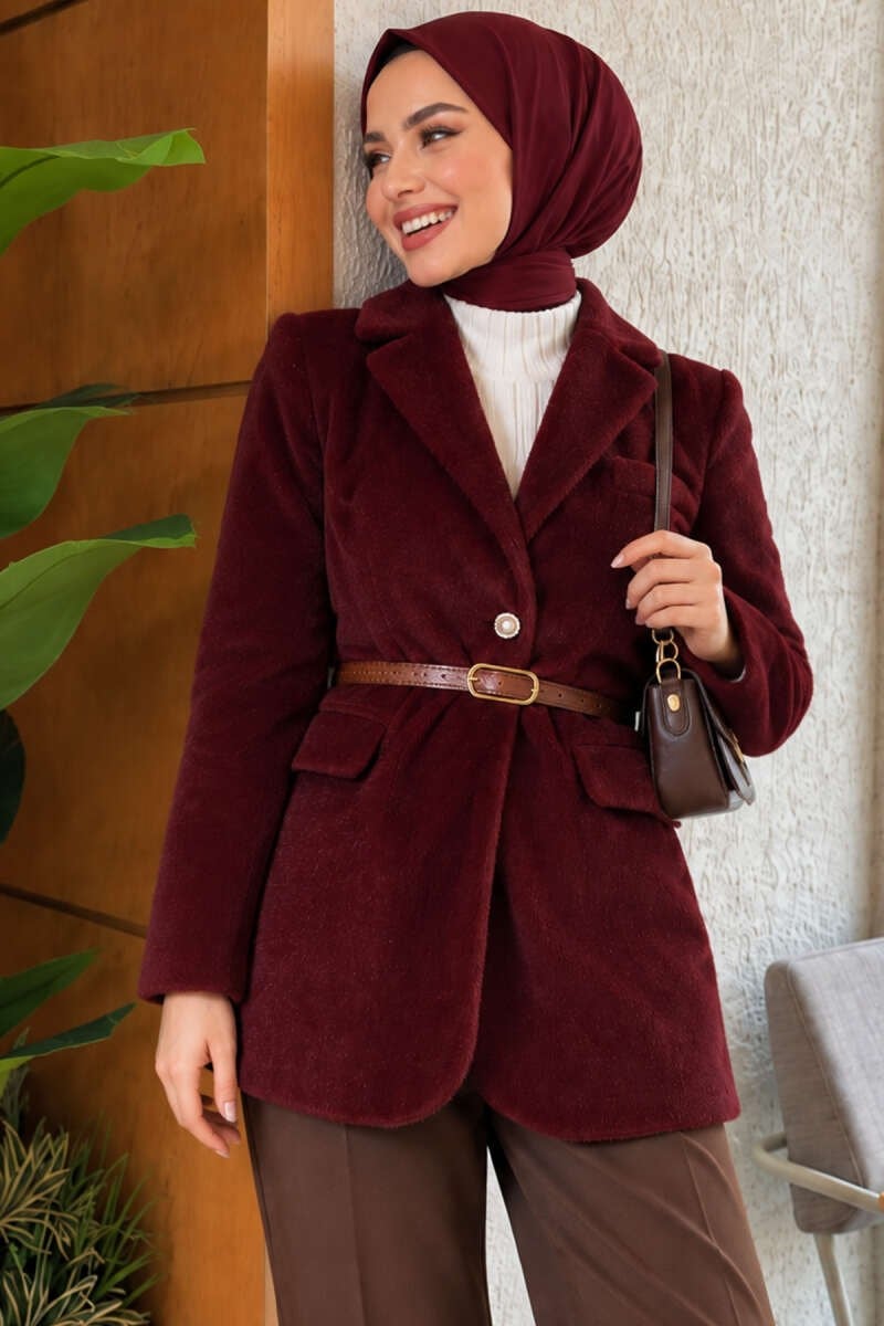 Tek Düğmeli Kemerli Sakallı Ceket Bordo