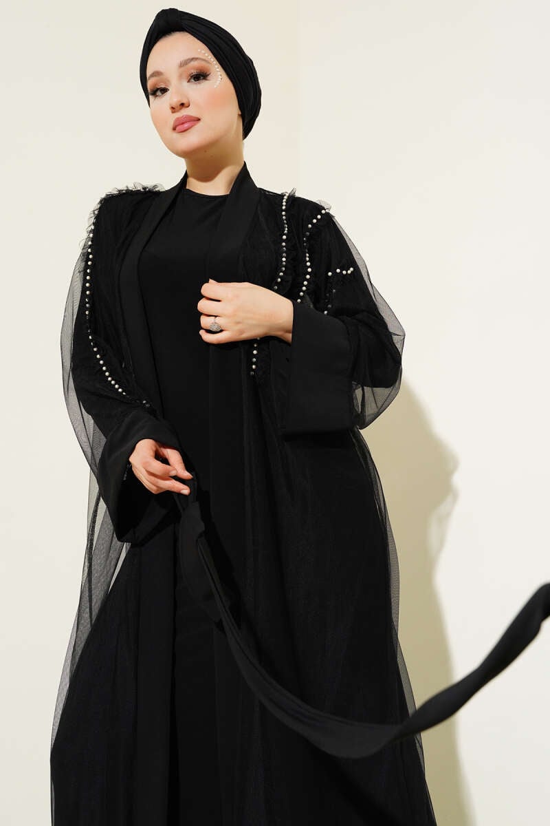 Tül İnci Detaylı Abaya Siyah