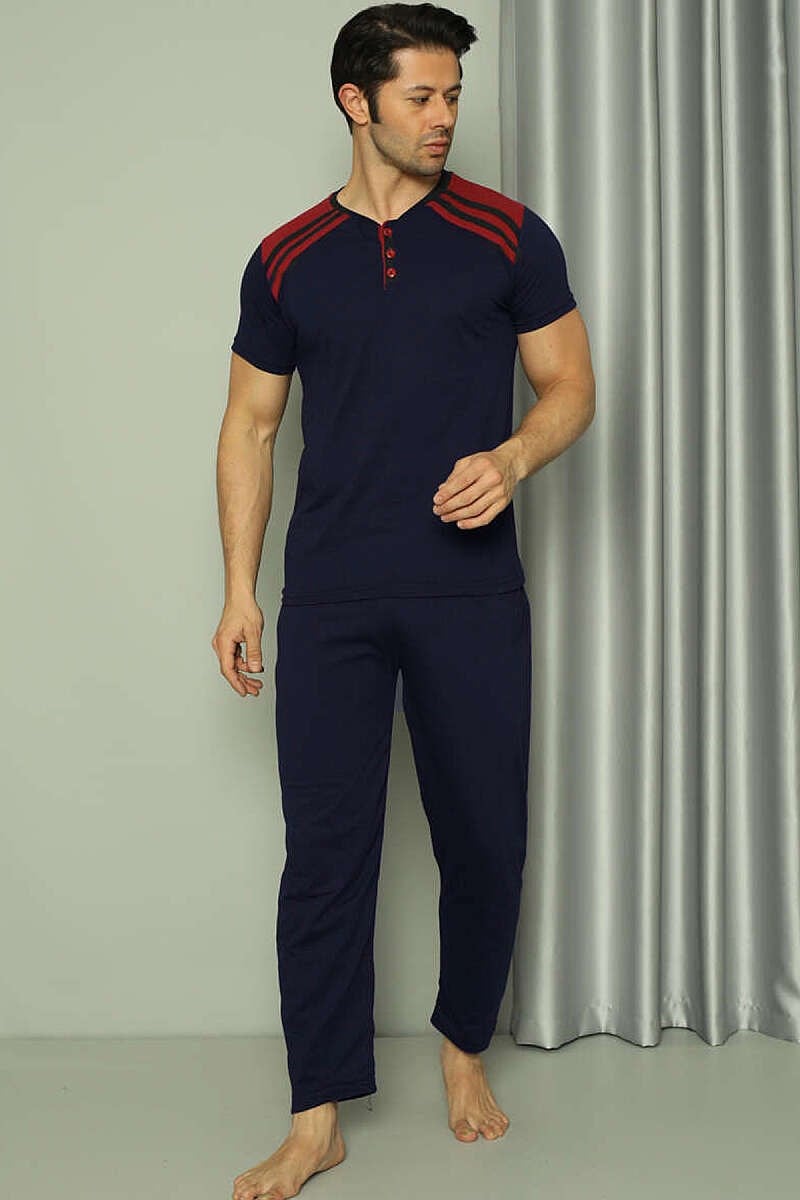 Üç Düğmeli Ekose Detaylı Kısa Kol Erkek Pijama Takımı Lacivert Bordo