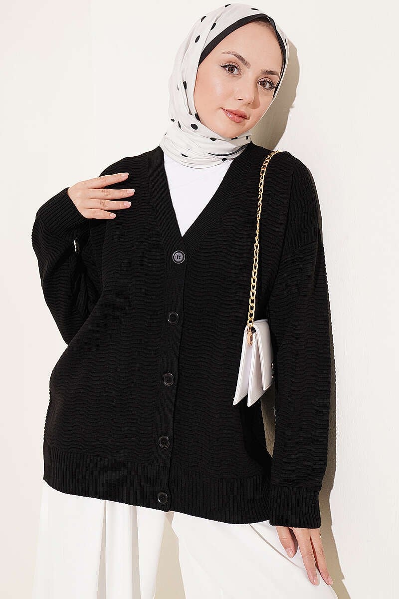 V Yaka Ribanalı Oversize Triko Hırka Siyah
