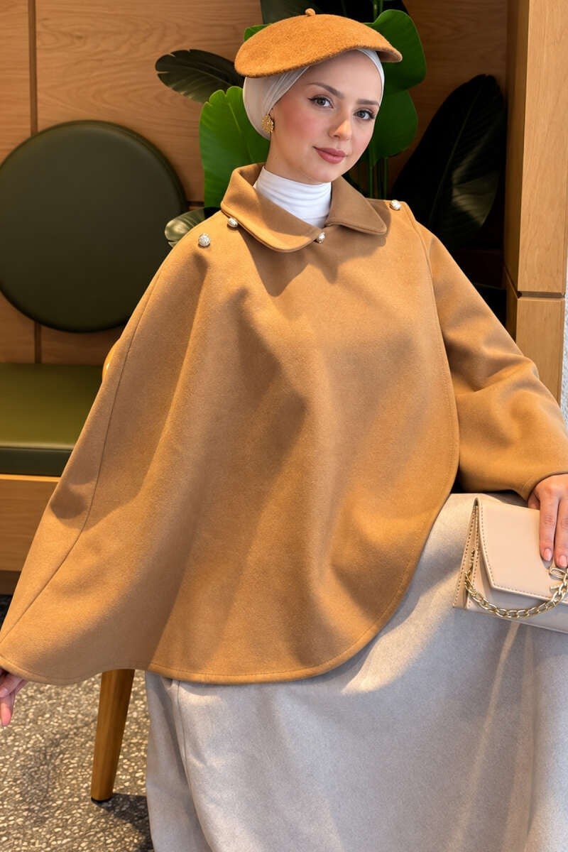 Yaka Düğme Detaylı Panço Camel