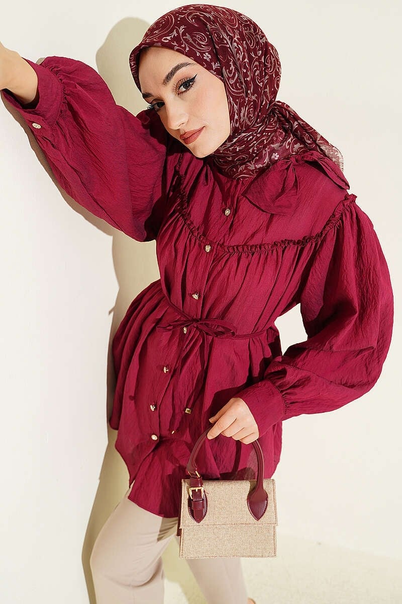 Yaka Fiyonk Detaylı Tunik Bordo