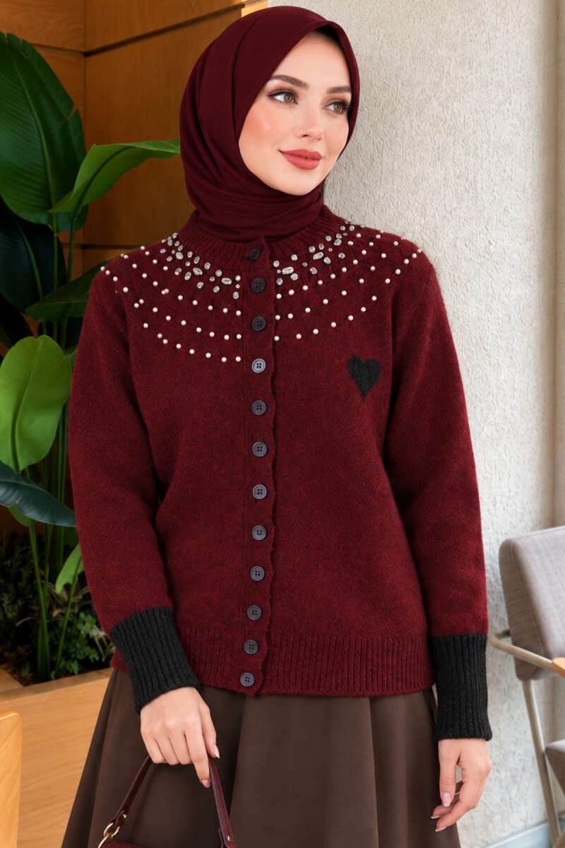 Yaka Taşlı Kalplı Triko Hırka Bordo