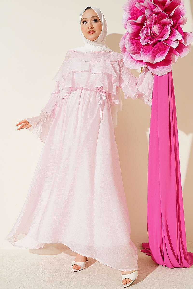 Yaka ve Kol Katlı Kloş Elbise Pembe