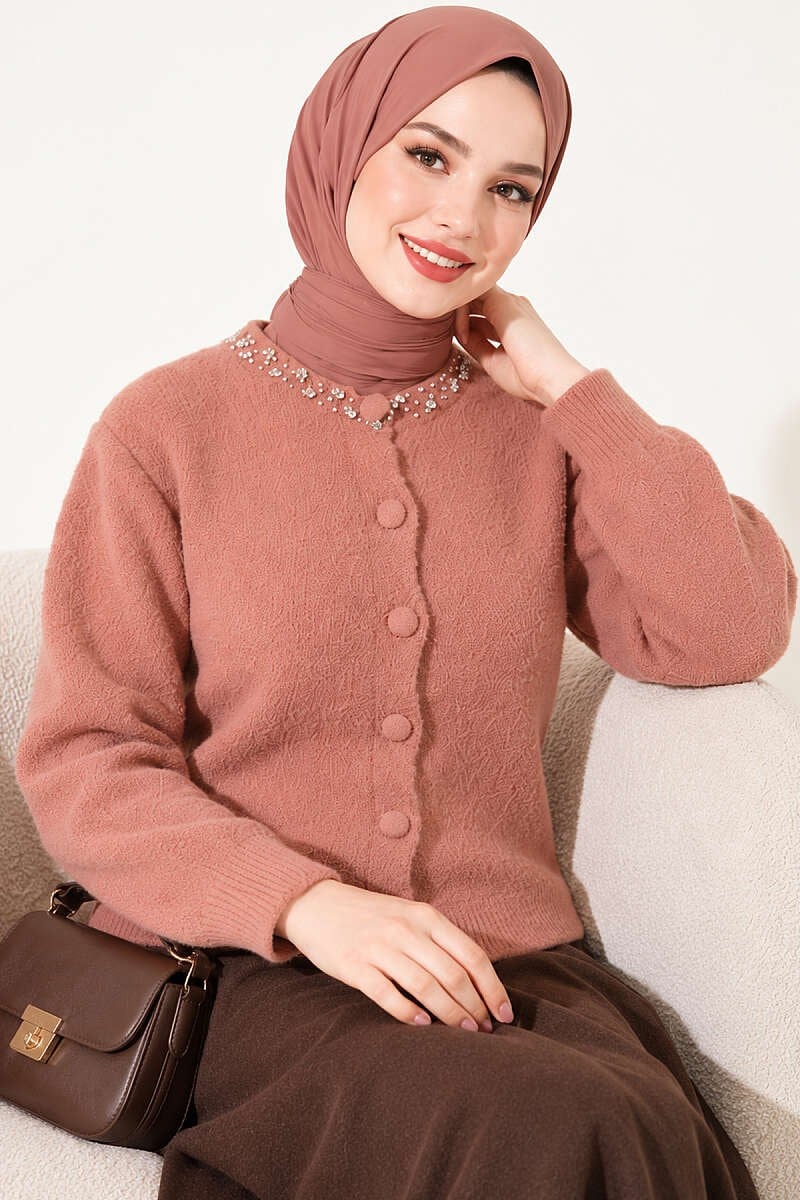 Yakası Taş Detaylı Sakallı Hırka Gül Kurusu