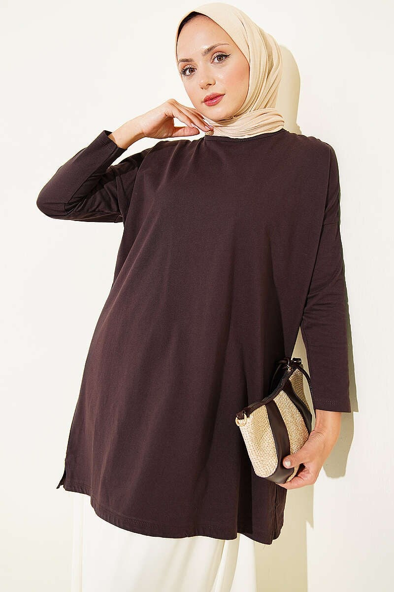 Yan Yırtmaçlı Basic Tunik Acı Kahve