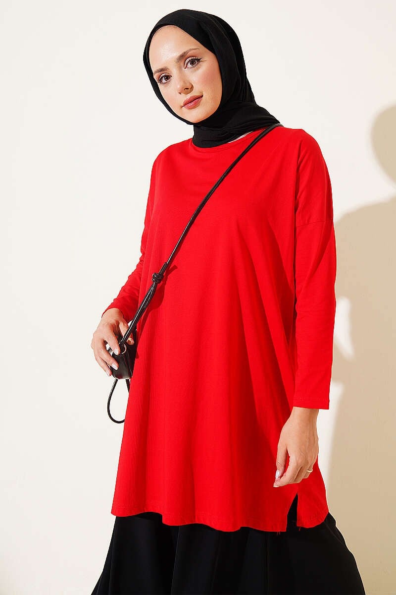 Yan Yırtmaçlı Basic Tunik Kırmızı