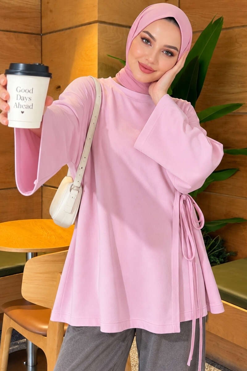 Yandan İp Bağlama Detaylı Tunik Pembe