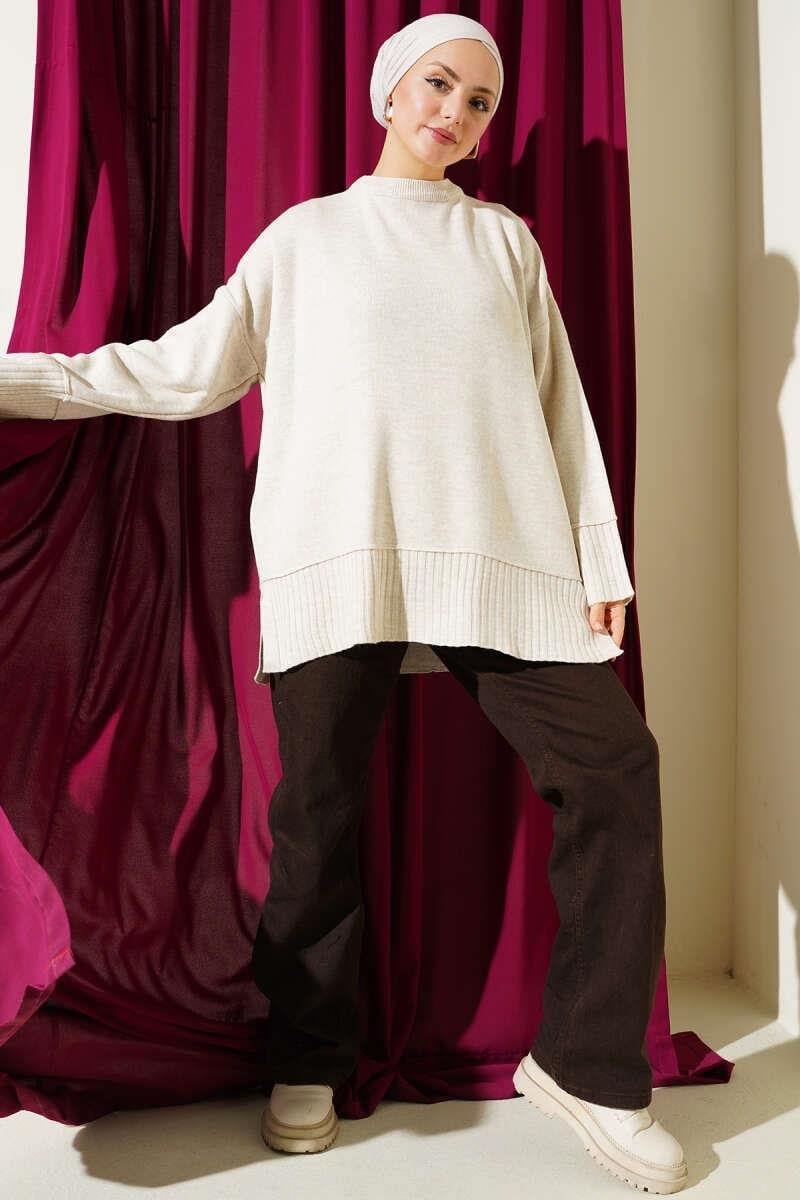 Yanı Yırtmaçlı Oversize Triko Tunik Taş