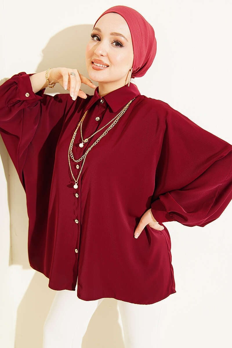 Yarasa Kollu Oversize Gömlek Bordo