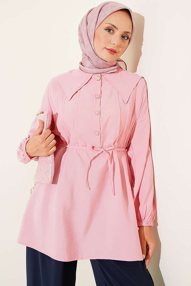 Yarım Düğmeli İp Bağcıklı Tunik Pembe