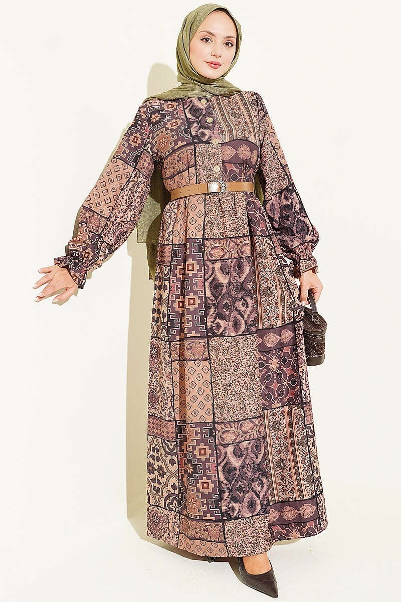Yarım Düğmeli Otantik Desenli Elbise Camel