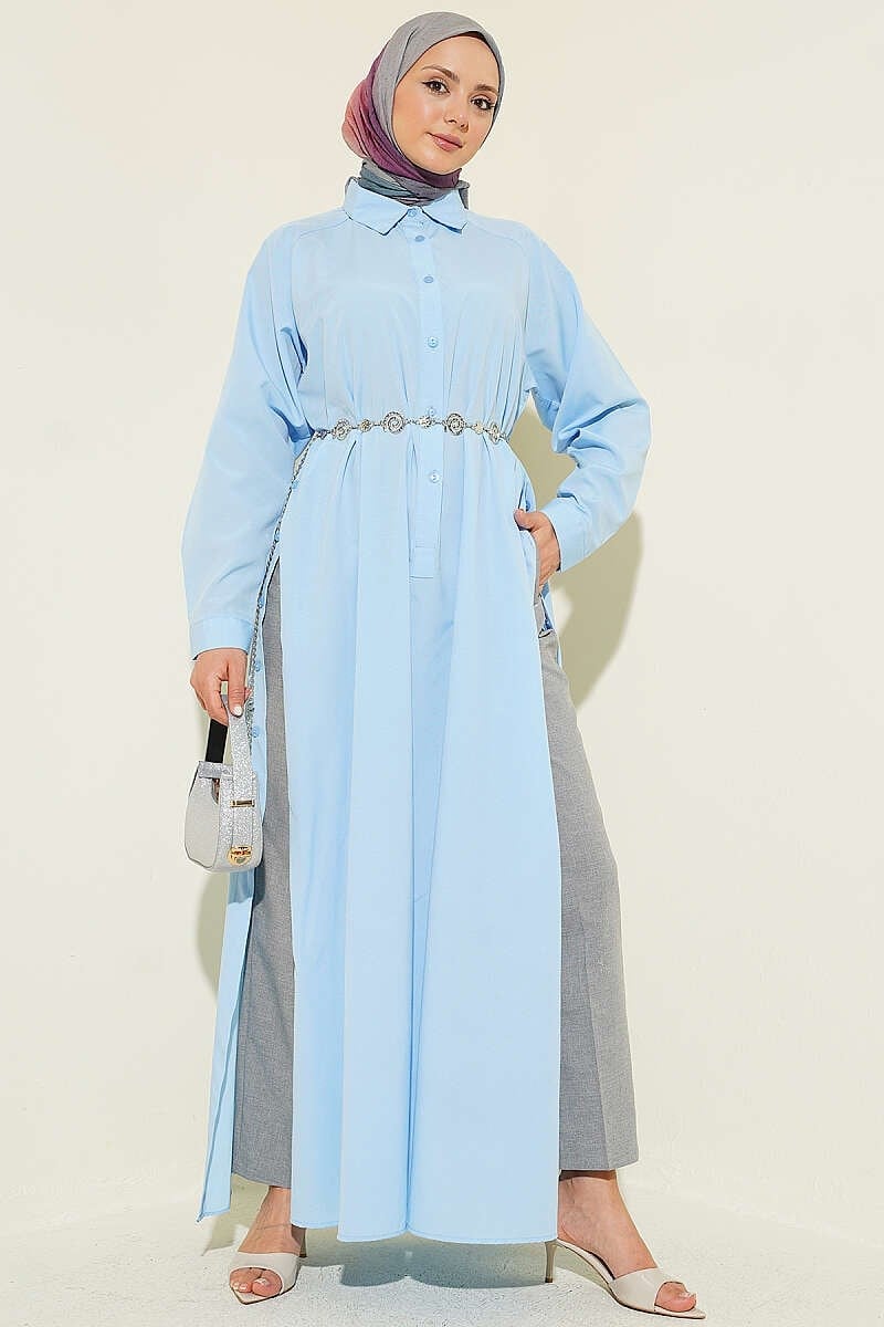 Yarım Düğmeli Yanları Yırtmaçlı Uzun Gömlek Bebe Mavi
