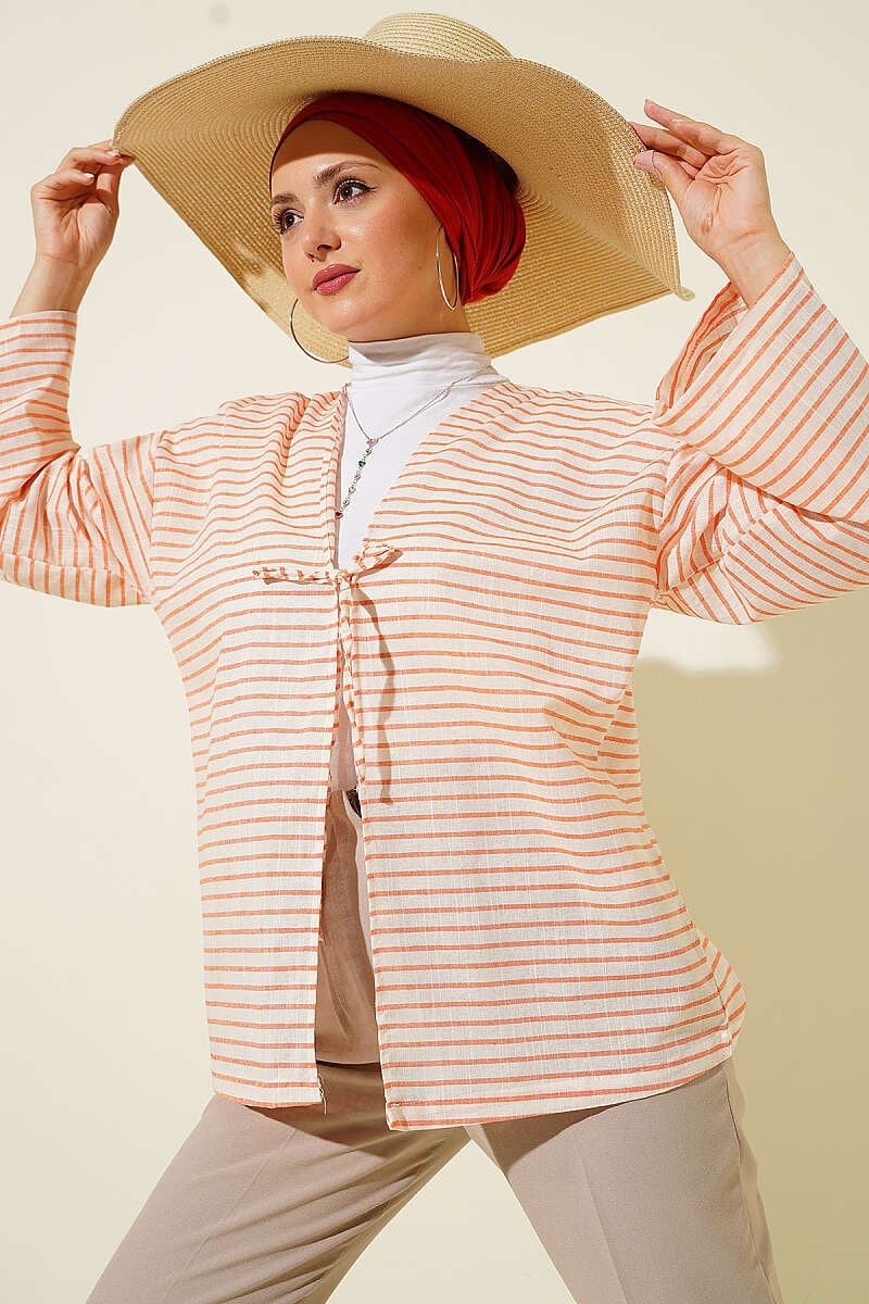 Yatay Çizili Bağcıklı Kimono Oranj