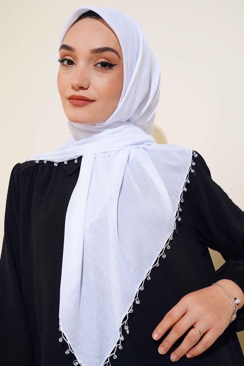 Yıldız Boncuklu Yazma Eşarp Beyaz